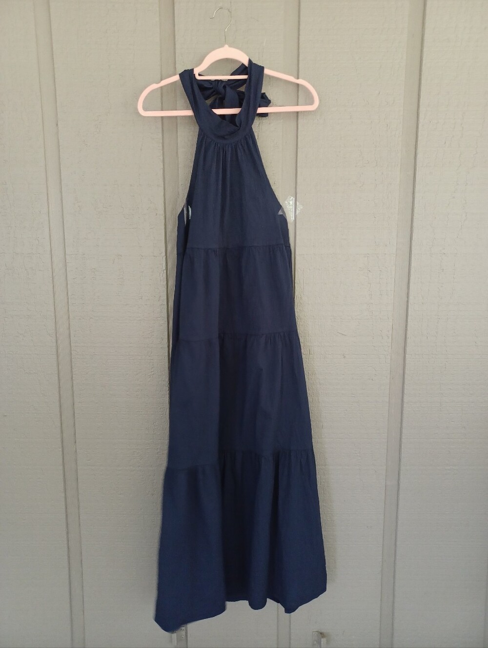 Chakeris Navy Halter Neck Tiered Maxi Dress Size XS Women Feminine Cotton Blend